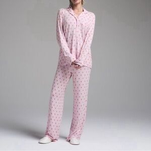 SKIMS Sleep Pink Gingerbread Button Up Long Sleeve Pajama Top + Pants Set Small